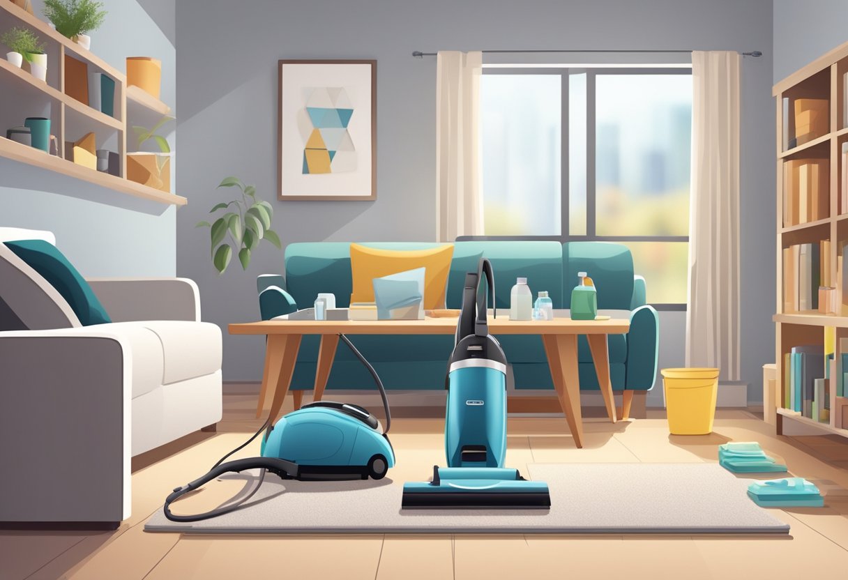 A tidy living room with vacuum marks on the carpet, dust-free surfaces, and neatly arranged furniture. A cleaning caddy with supplies sits on the counter