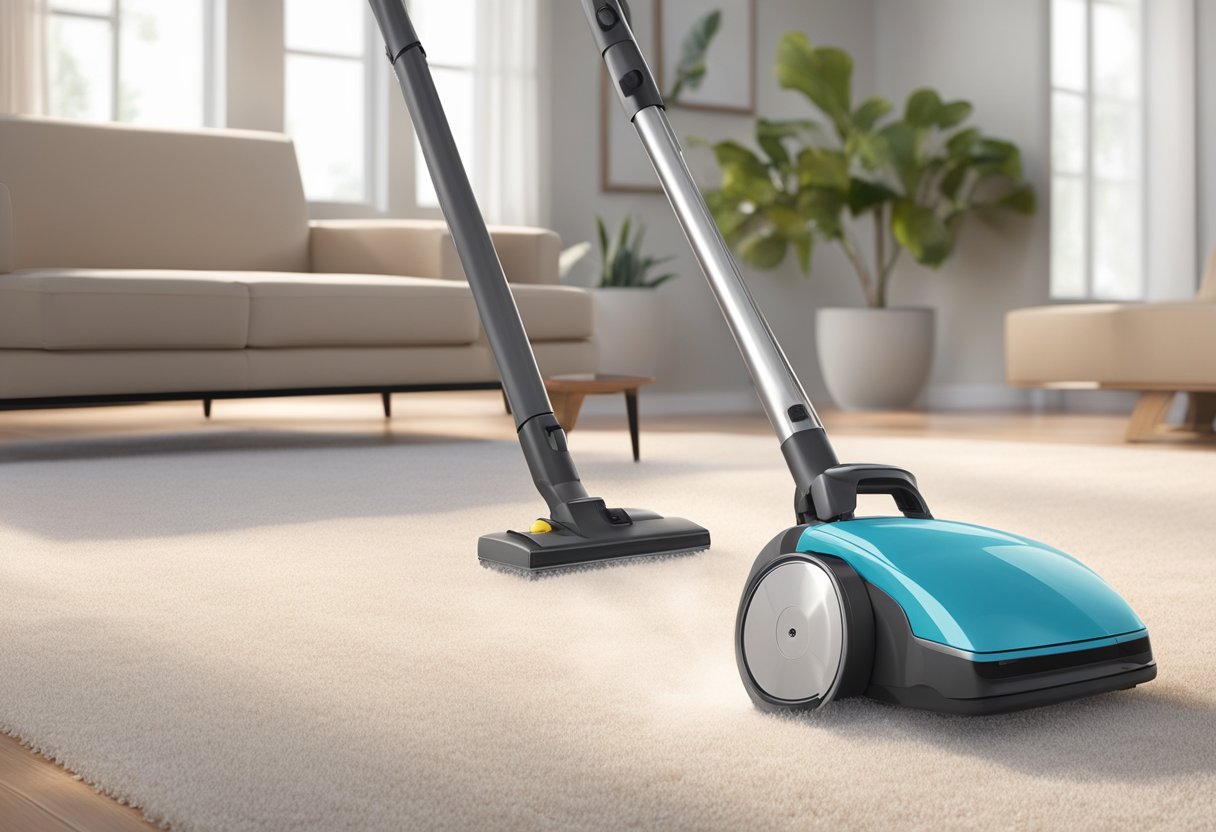 A vacuum cleaner glides across a pristine carpet, while a duster sweeps over gleaming surfaces. A mop leaves streak-free floors, and a scent of freshness fills the air