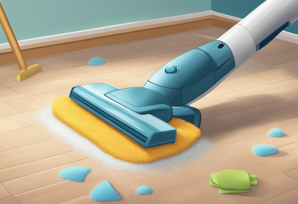 A vacuum cleaner glides across a pristine carpet, while a mop leaves a gleaming trail on the freshly washed floor. Dusting cloths and cleaning sprays stand ready on a tidy countertop, promising a sparkling clean home